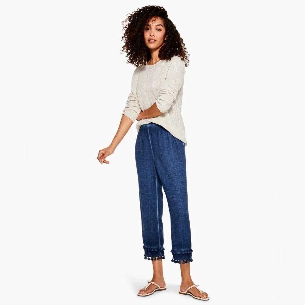 NWT NIC+ZOE | Double Gauze Straight Leg Tassel Pant Parisian Blue Size Medium